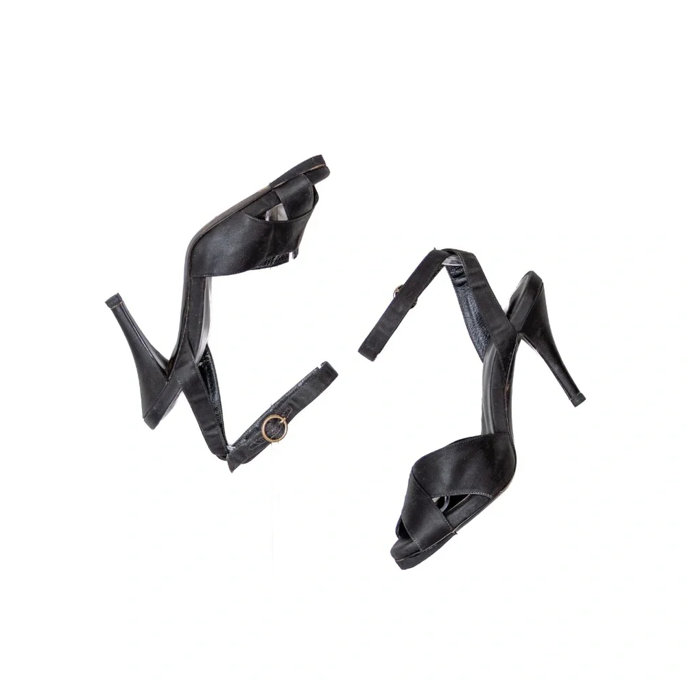 Vintage Yves Saint Laurent Black Satin Ankle Strap High Heel Sandals – Size 36.5 - Picture 4 of 9